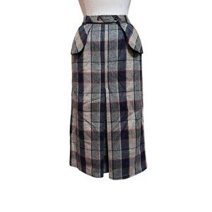 Vtg Womens Wool Plaid Pencil‎ Skirt Med Blue Gray Academia Heritage Midi Preppy